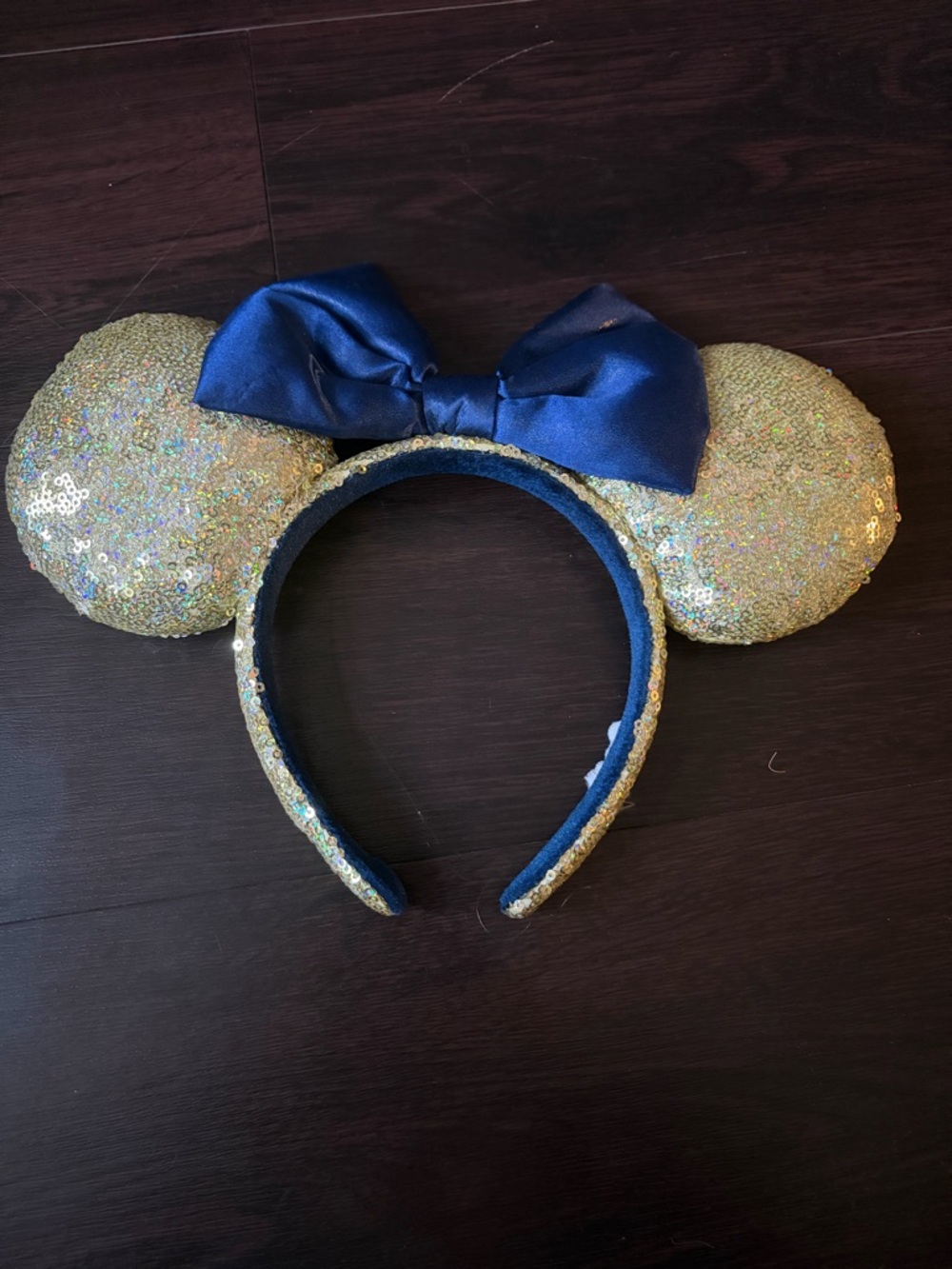 Disney Gold Sequin Minnie Ears Headband with Blue Bow